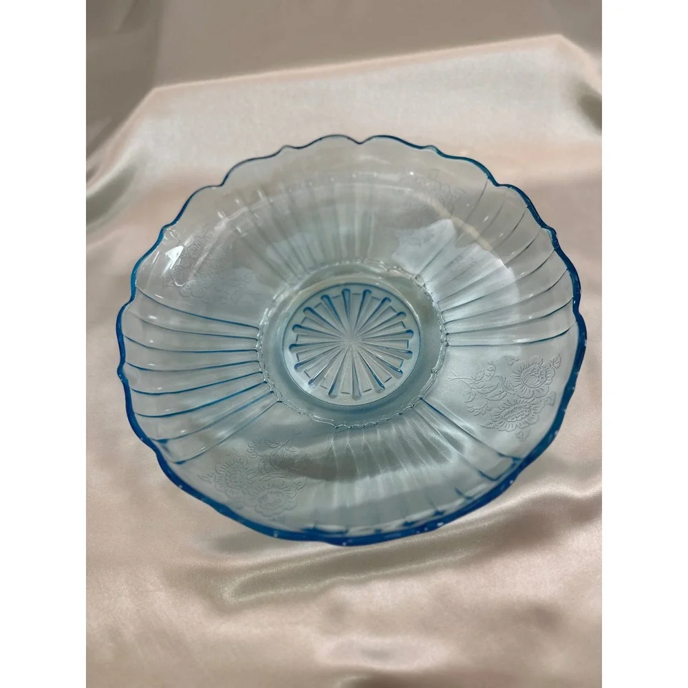 Anchor Hocking Uranium Blue Mayfair Open Rose Fruit Compote Console Bowl 11.75